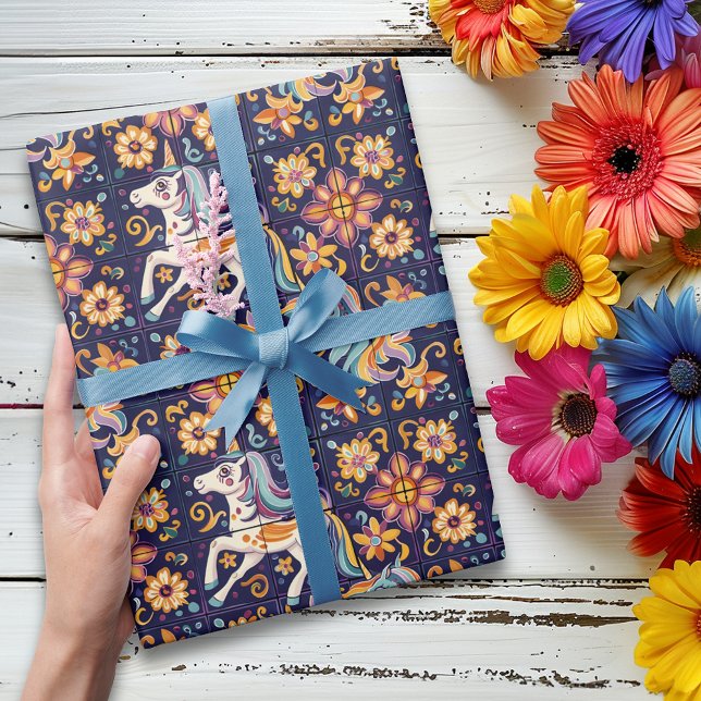 Unicorn Mexican Talavera Tile Pottery  Wrapping Paper (Creator Uploaded)