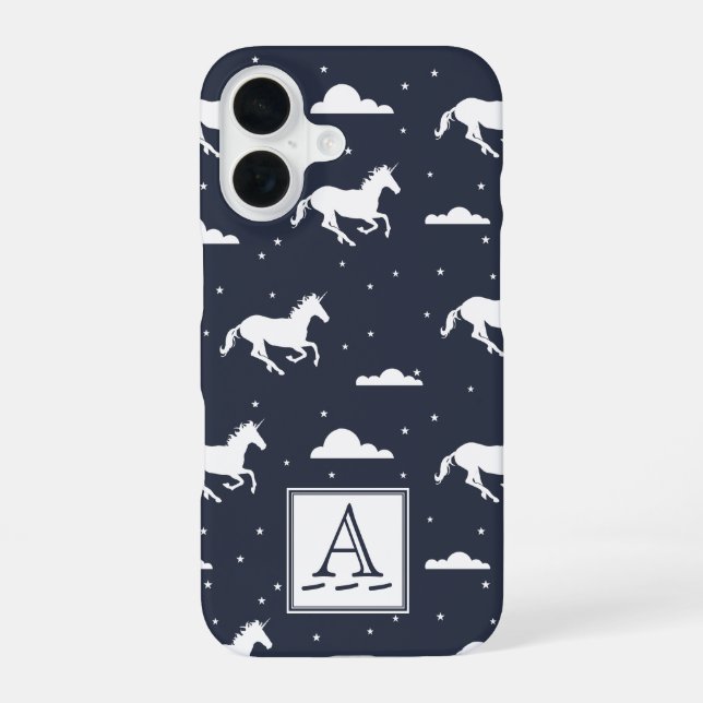 Unicorn Midnight Sky Pattern Monogram iPhone 16 Case (Back)