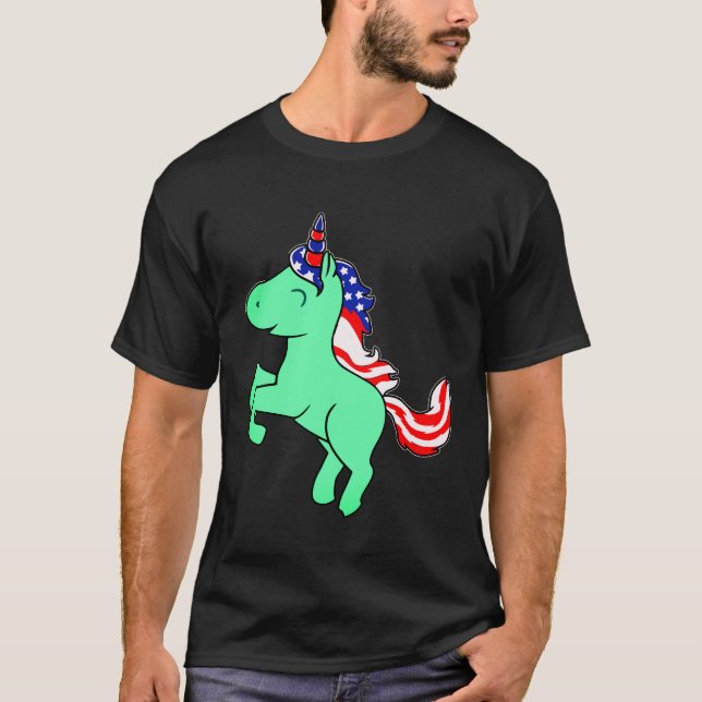 Unicorn Mint Green Patriotic USA Flag Mane Cartoon T-Shirt (Front)