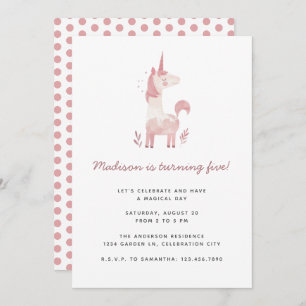 Unicorn Modern Pink Polka Dots Kids Birthday Party Invitation