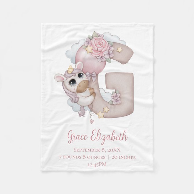Unicorn Monogram Letter G Pink Baby Girl Gift  Fleece Blanket (Front)