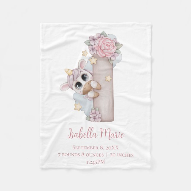 Unicorn Monogram Letter I Pink Baby Girl Gift  Bab Fleece Blanket (Front)