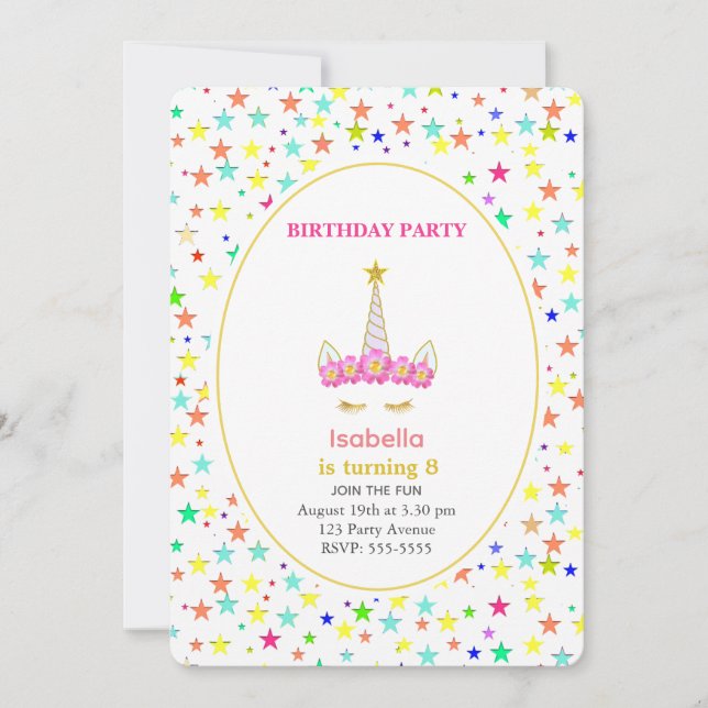 Unicorn & Multicolored Stars Birthday Party Invitation (Front)
