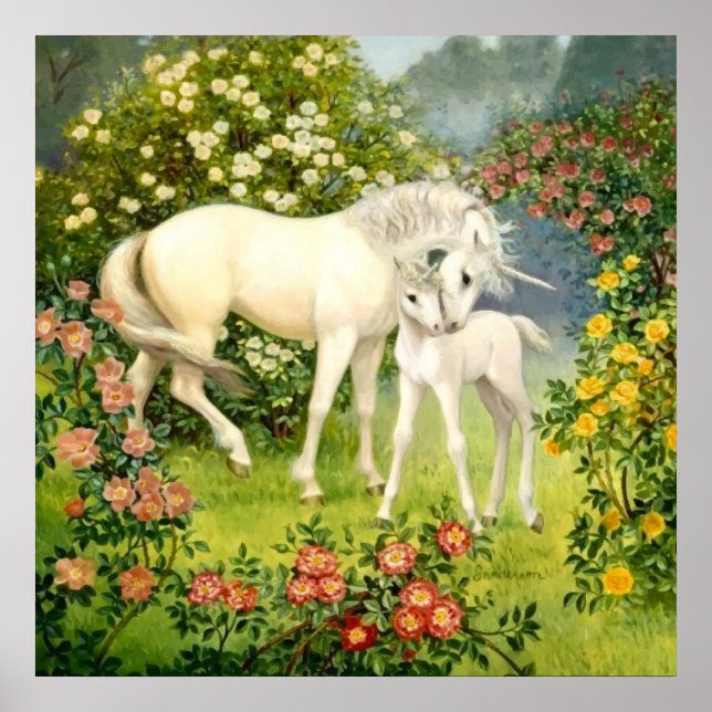 Unicorn Mum and Baby Among Blossoms in the Spring Poster (Front)