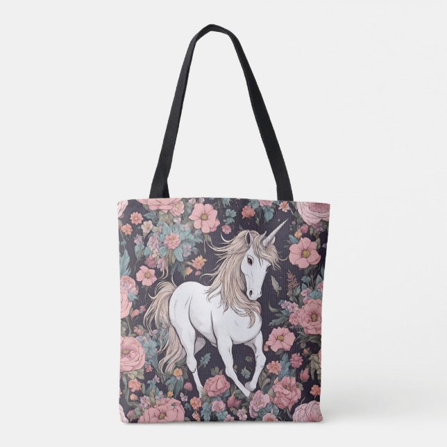 Unicorn Mythical Animal Flowers Tote Bag (Back)
