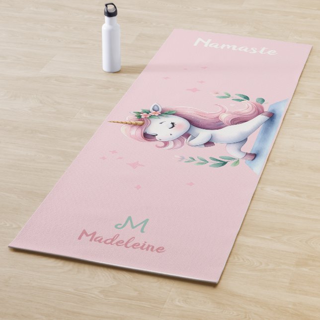 Unicorn Namaste Yoga Cute Funny Pink Name Monogram Mat (In Situ)