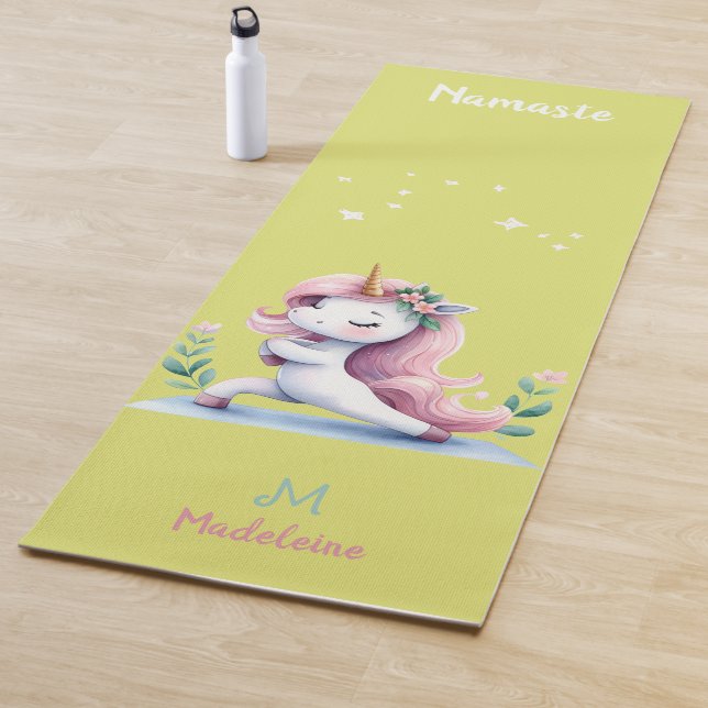Unicorn Namaste Yoga Cute Pink Green Name Monogram Mat (In Situ)