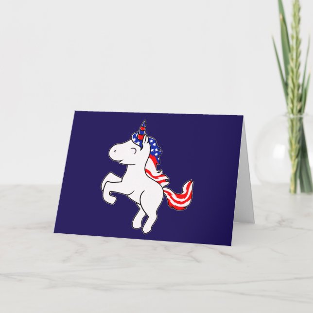 Unicorn Off White Patriotic USA Flag Mane Cartoon Card (Front)