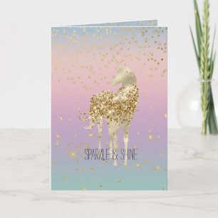 Unicorn Ombre Gold Confetti Glitter Heart Card