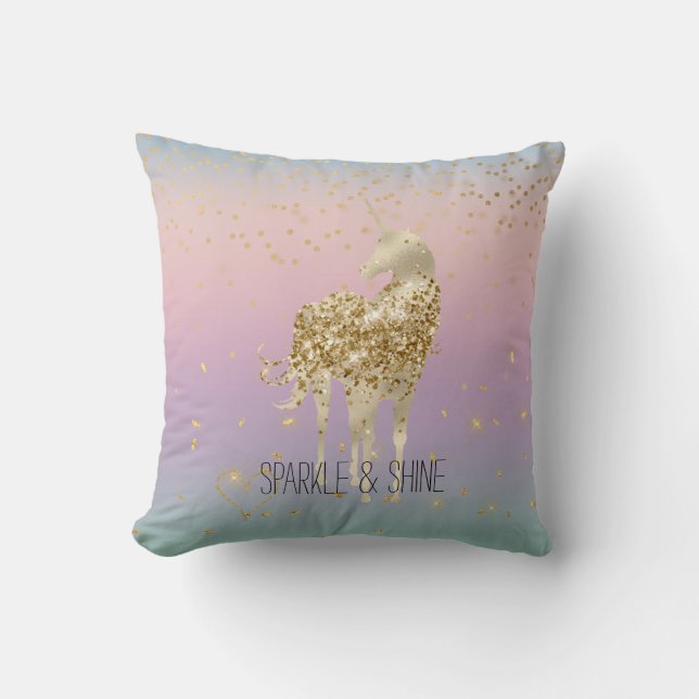 Unicorn Ombre Gold Confetti Glitter Heart Cushion (Front)
