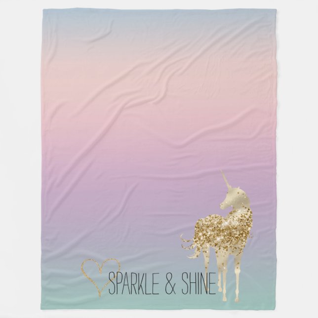 Unicorn Ombre Gold Glitter Heart Fleece Blanket (Front)