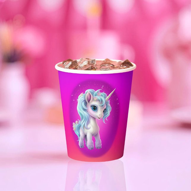 Unicorn on cloud with pink vibrant sky paper cups (Unicorn on pink vibrant sky paper cups - back and front)