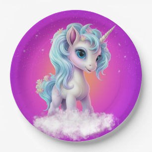 Unicorn on cloud with pink vibrant sky paper plate