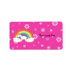 Unicorn on clouds pink snowflakes label