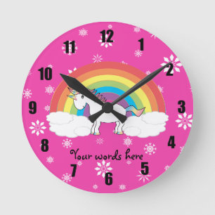 Unicorn on clouds pink snowflakes round clock