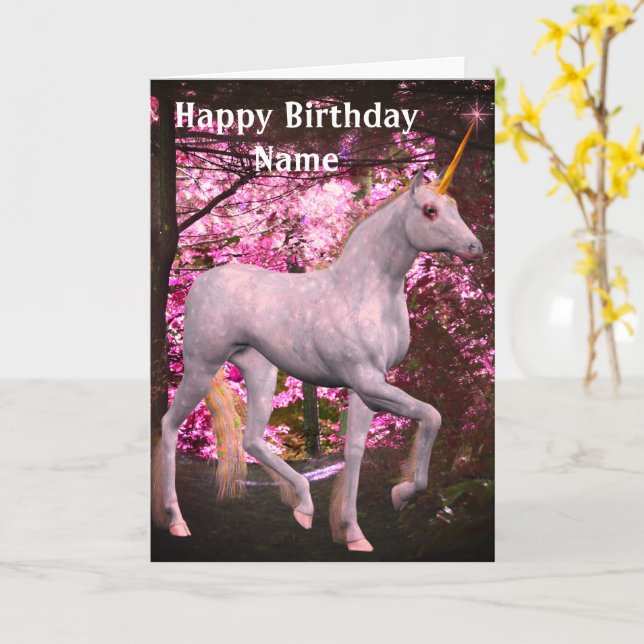 Unicorn On Forest Path Personalised Birthday Card (Yellow Flower)