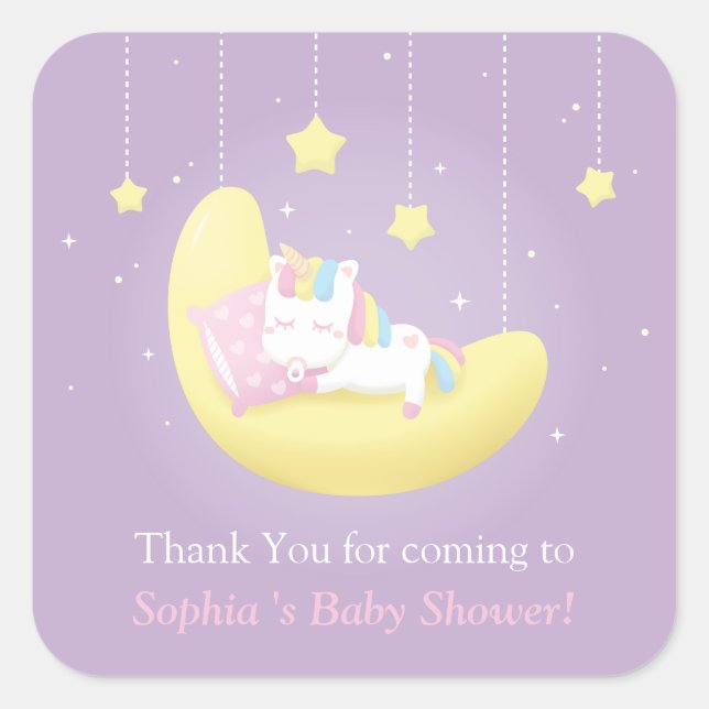 Unicorn on Moon Thank You Baby Shower Stickers (Front)