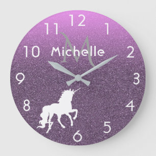 Unicorn on ombre ultra violet glitter and pink large clock