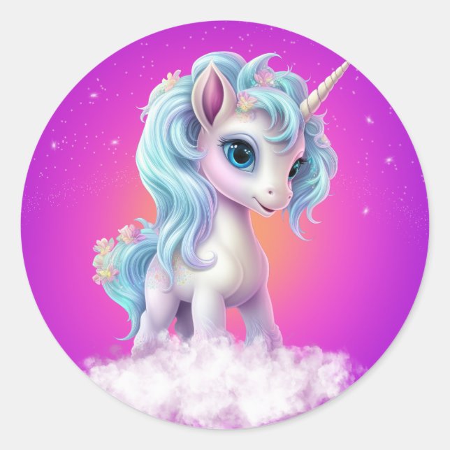 Unicorn on pink sky/stars/cloud  classic round sticker (Front)