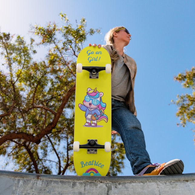 Unicorn on skateboard with personalised captions (Outdoor 1)