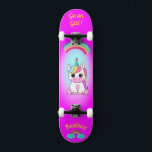 Unicorn on skateboard with personalised captions<br><div class="desc">Unicorn on skateboard with personalised captions Unicorn Personalised Skateboard CLICK on PERSONALIZE TEMPLATE OPTION AND ENTER the NAME. you can also custom other caption. Cool skateboard designed with vivid colours and for the background and a funky unicorn riding a skateboard. This Skateboard makes a great gift idea for a unicorn...</div>