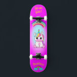 Unicorn on skateboard with personalised captions<br><div class="desc">Unicorn on skateboard with personalised captions Unicorn Personalised Skateboard CLICK on PERSONALIZE TEMPLATE OPTION AND ENTER the NAME. you can also custom other caption. Cool skateboard designed with vivid colours and for the background and a funky unicorn riding a skateboard. This Skateboard makes a great gift idea for a unicorn...</div>