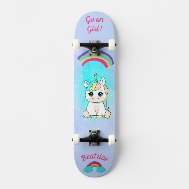 Unicorn on skateboard with personalised captions (Front)