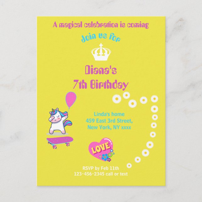 Unicorn on skateboard with personalised captions postcard (Front)