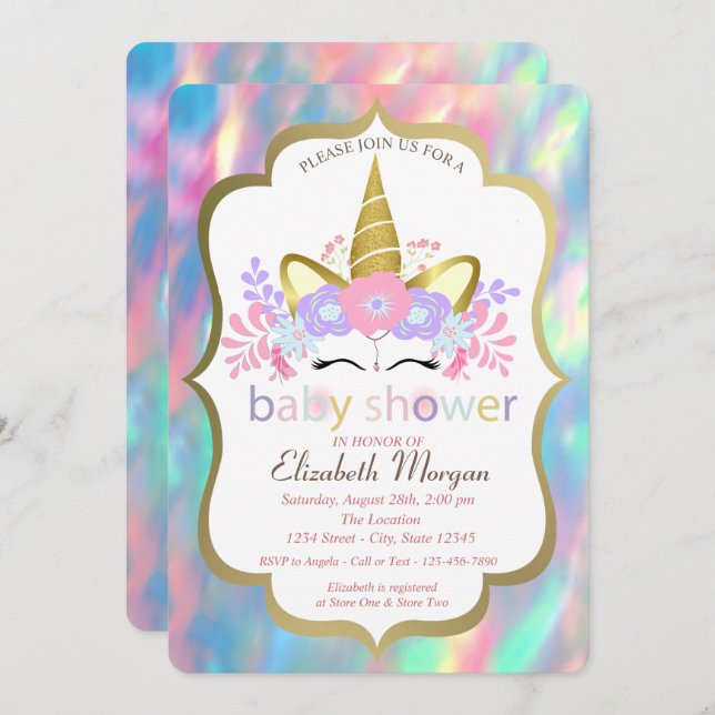 Unicorn,Opal,Holographic Baby Shower  Invitation (Front/Back)
