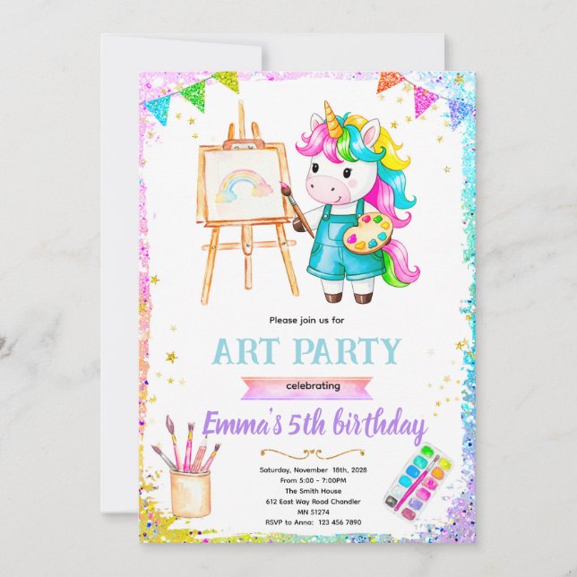 Unicorn paint birthday party invitation (Front)
