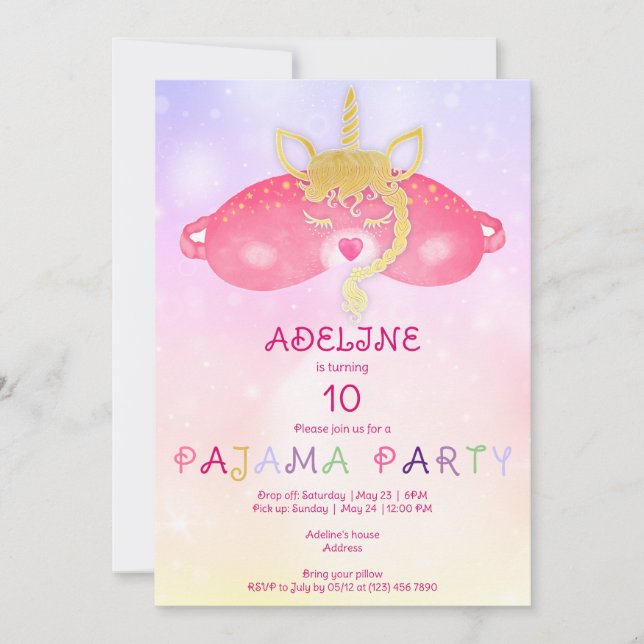 Unicorn Pajama Girl Sleepover Tween Birthday Party Invitation (Front)