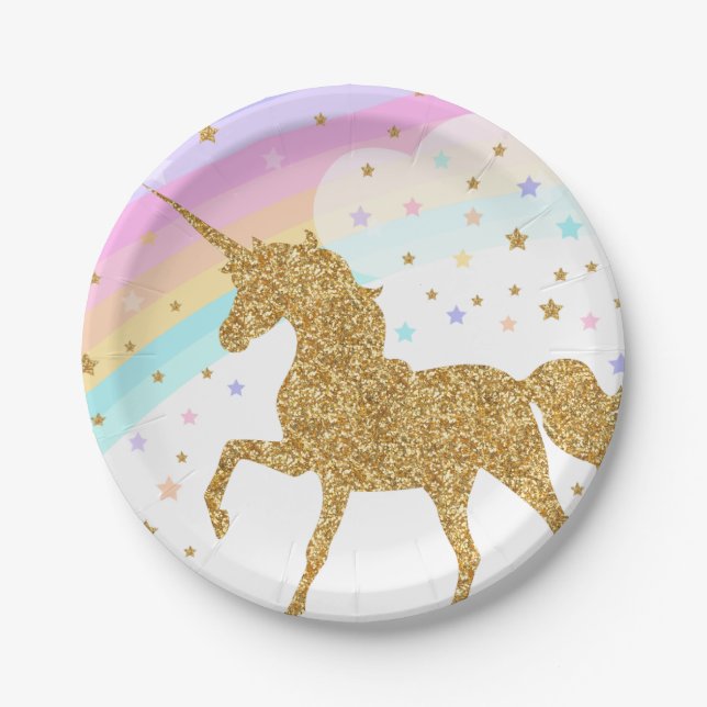 Unicorn Paper Plates, Pink & Gold, Party Paper Plate (Front)