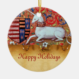 UNICORN PARCHMENT WITH RED RUBY GEMSTONE CERAMIC TREE DECORATION