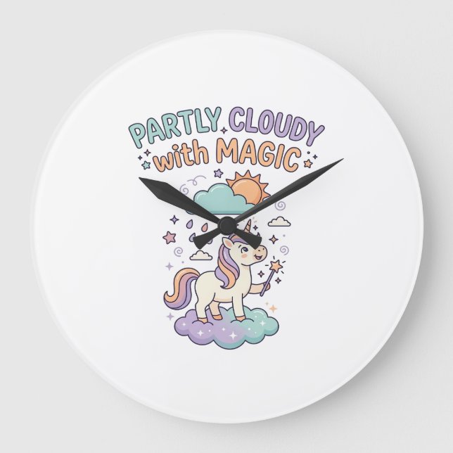 Unicorn Partly Cloudy with Magic Trendy T-Shirt De Large Clock (Front)