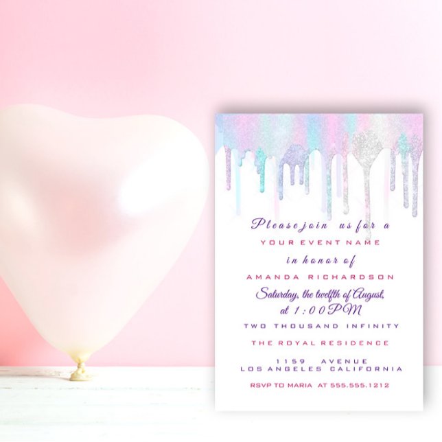 Unicorn Party 1th 2th Baby Holograph Pink White Invitation (Creator Uploaded)