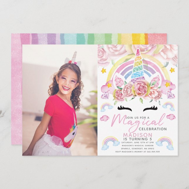 Unicorn Party Magical Birthday Photo Invitation (Front/Back)