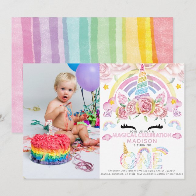 Unicorn Party Magical First Birthday Photo Invitation (Front/Back)
