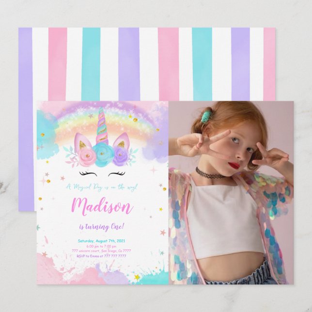Unicorn Party Photo Invitation (Front/Back)