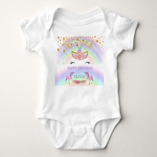 Unicorn party Rainbow 1st Birthday whimsical girl Baby Bodysuit (Front)