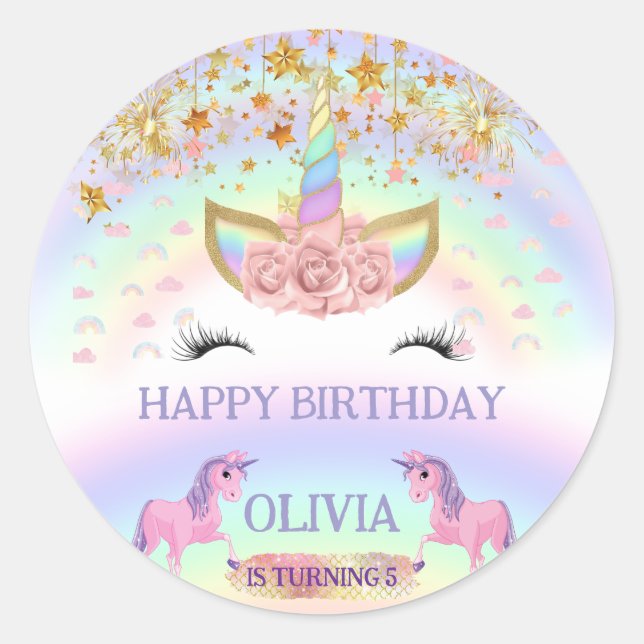 Unicorn party Rainbow 1st Birthday whimsical girl Classic Round Sticker (Front)