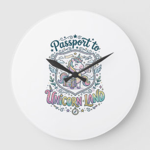 Unicorn Passport to Unicorn Land White Background  Large Clock