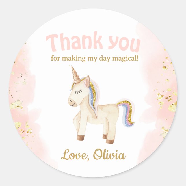 Unicorn pastel gold glitter Birthday favour  Classic Round Sticker (Front)