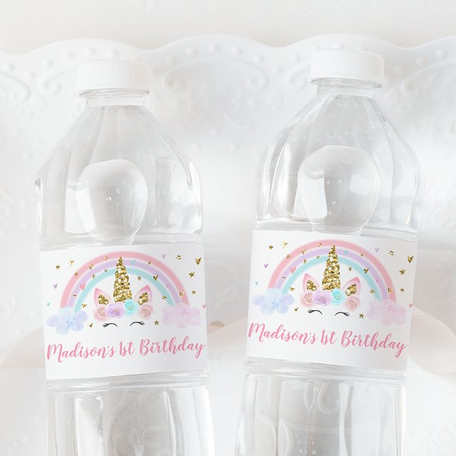 Unicorn Pastel Pink Gold Rainbow Birthday Water Bottle Label (Creator Uploaded)