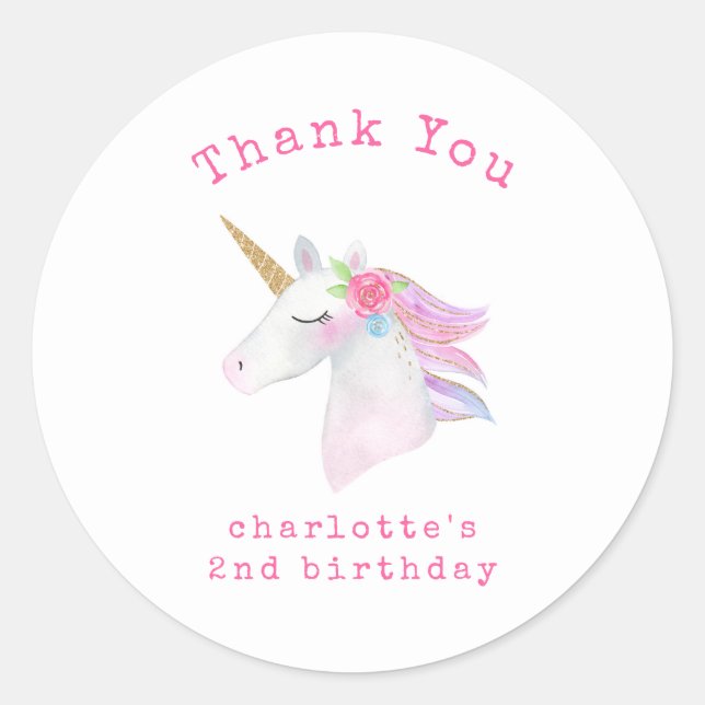 Unicorn Pastel Pink Purple Girl Birthday Thank You Classic Round Sticker (Front)