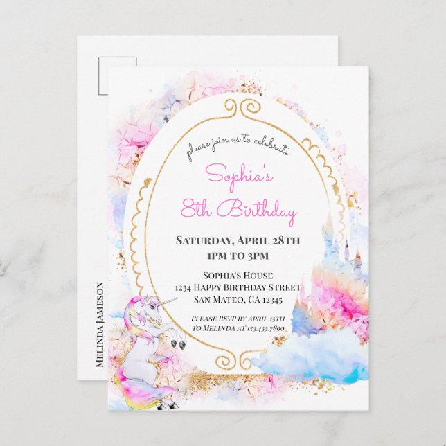 Unicorn Pastel Princess Birthday Party Invitation  (Front/Back)