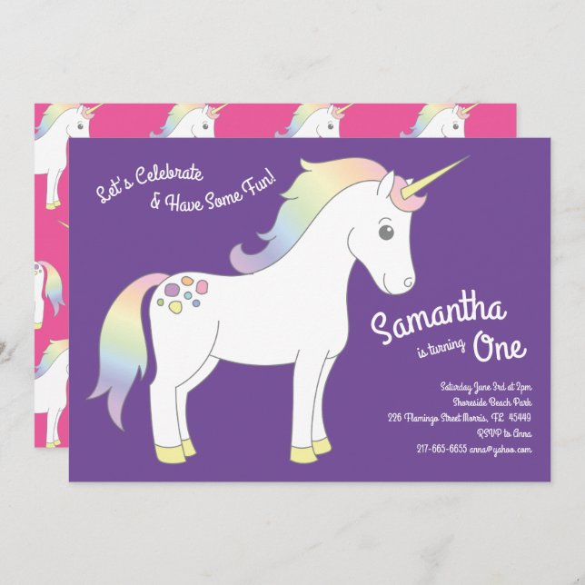 Unicorn Pastel Rainbow 1st Birthday Party Invitation (Front/Back)