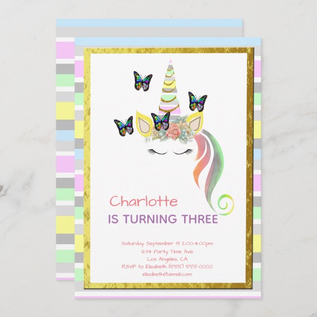 Unicorn Pastel Rainbow Butterflies Gold Birthday Invitation (Front/Back)