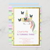 Unicorn Pastel Rainbow Butterflies Gold Birthday