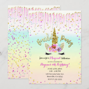 Unicorn Pastel Rainbow Frosting Drip Birthday Invitation