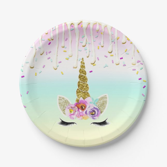 Unicorn Pastel Rainbow Frosting Drip Birthday Paper Plate (Front)